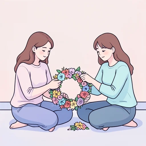 友人と花輪を作って持っていった - Bildwörterbuch